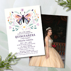Quinceañera Pink Purple Butterfly Photo Floral Invitation