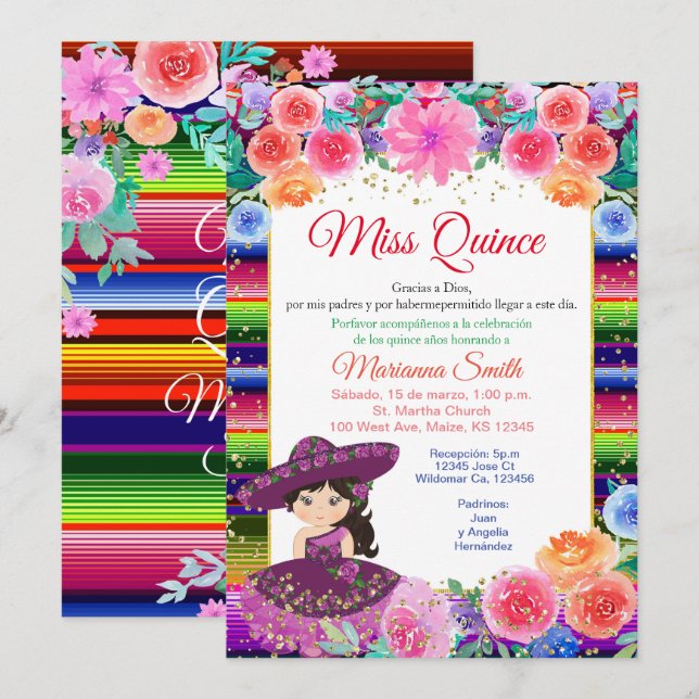 Quinceanera Pink Purple Fiesta Floral Miss Quince Invitation (Front/Back)