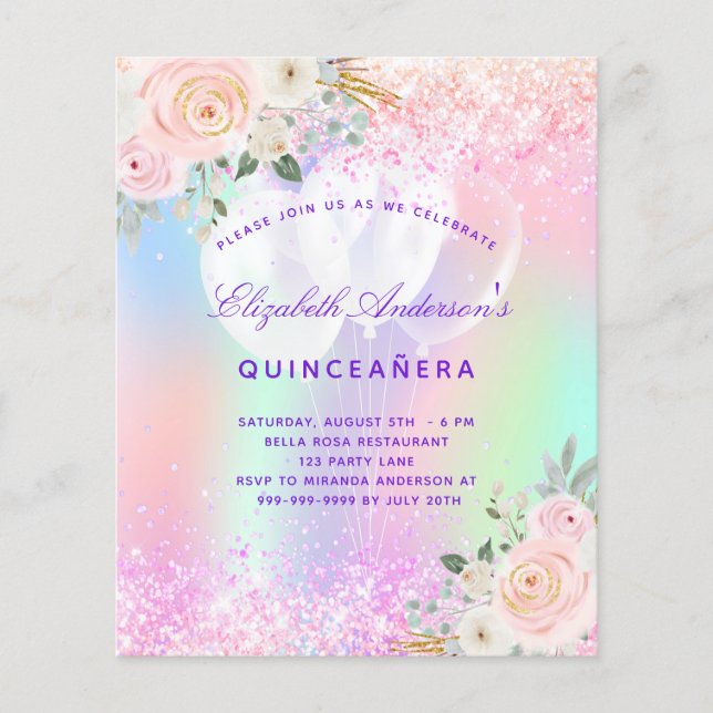 Quinceanera pink purple floral balloon budget flyer (Front)