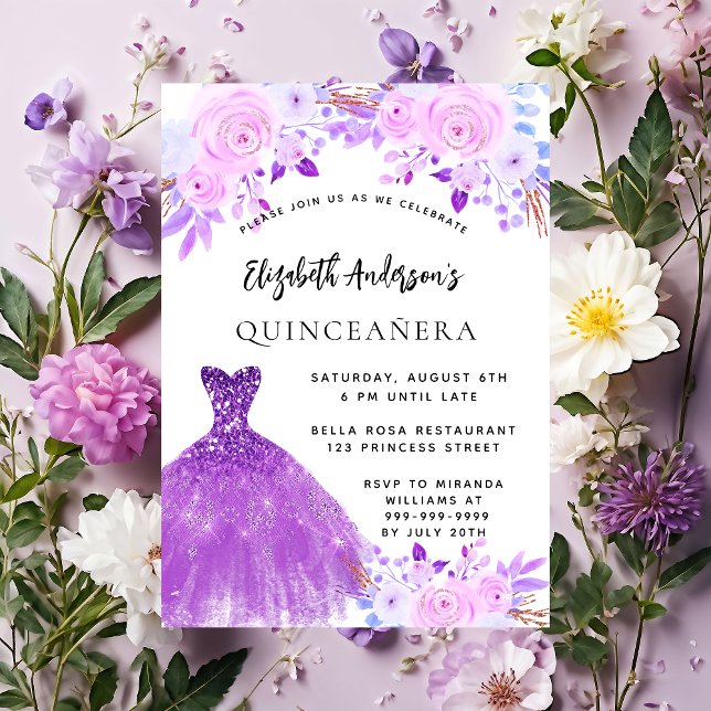 Quinceanera pink purple flowers dress invitation (Creator Uploaded)