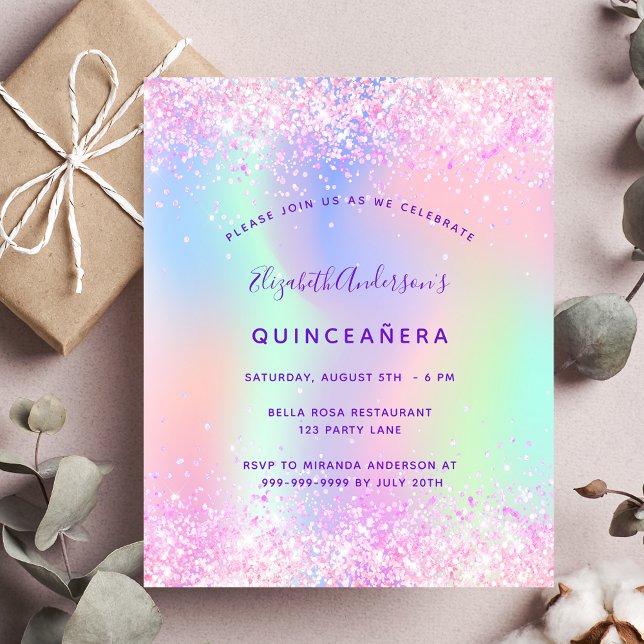 Quinceanera pink purple glitter budget invitation flyer (Creator Uploaded)