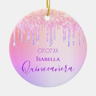 Quinceanera pink purple glitter drips ceramic tree decoration