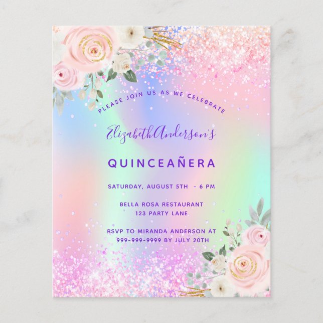 Quinceanera pink purple glitter floral budget flyer (Front)