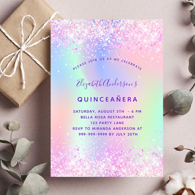 Quinceanera pink purple holographic invitation postcard (Creator Uploaded)