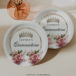 Quinceañera Pink Rose Crown Birthday Decor Paper Plate<br><div class="desc">Celebrate your daughter's Quinceañera in style with our stunning pink rose design, the blend of elegance and glamour is perfect for a 15th birthday celebration that will be remembered forever. Featuring realistic, lush pink rose bouquets framed by a sparkling gold border and crowned with a glittering gold tiara, this design...</div>