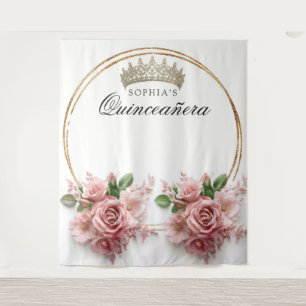 Quinceañera Pink Rose Crown Birthday Decor Tapestry