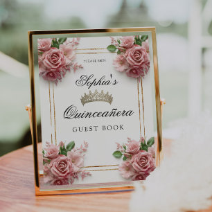 Quinceañera Pink Rose Crown Birthday Guest Book
