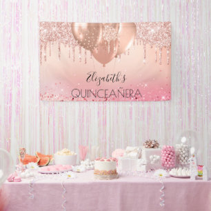 Quinceanera pink rose gold balloons banner