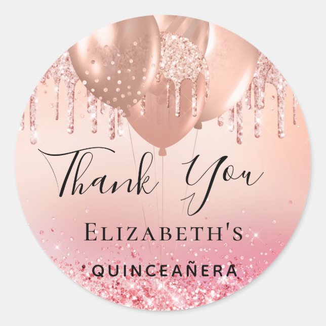 Quinceanera pink rose gold balloons name classic round sticker (Front)