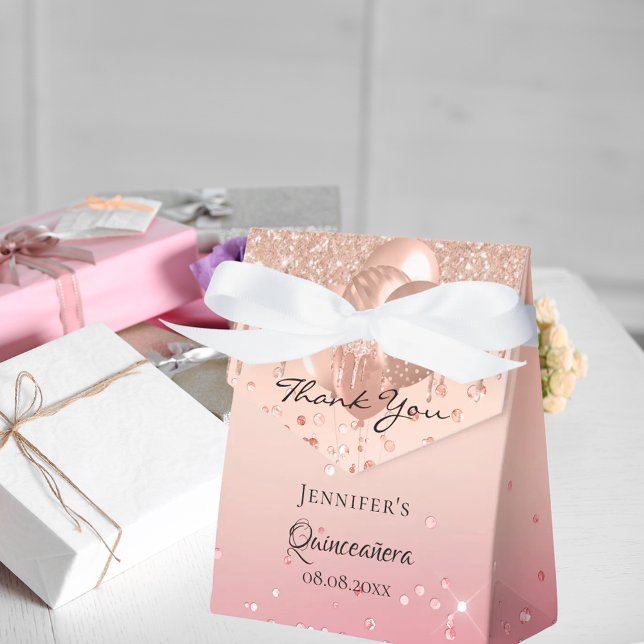 Quinceanera pink rose gold balloons thank you favour box (Creator Uploaded)