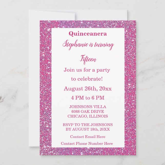 Quinceanera Pink Rose Gold Glitter 15th Birthday Invitation (Front)