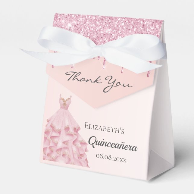 Quinceanera pink rose gold glitter dress thank you favour box (Front Side)