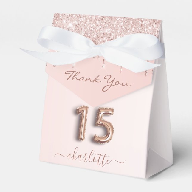 Quinceanera pink rose gold thank you favour box (Front Side)