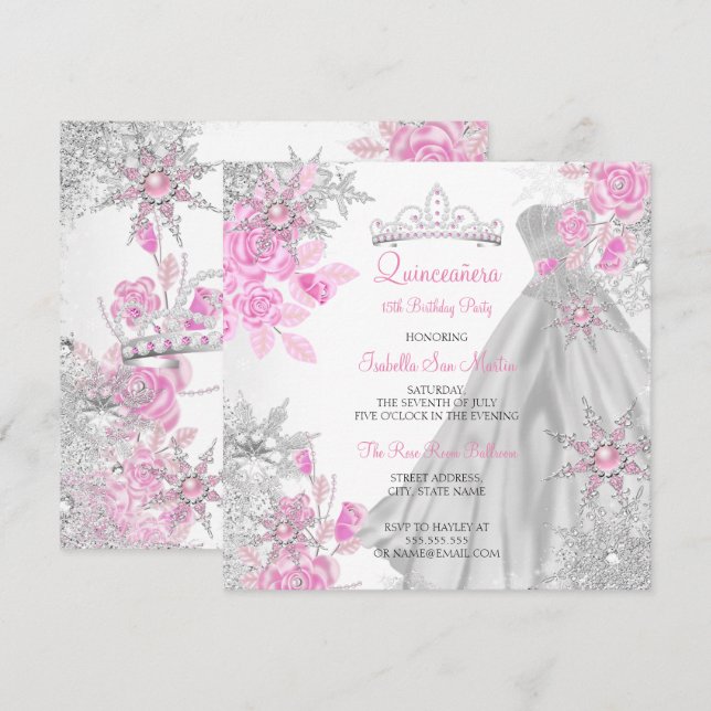 Quinceanera Pink Rose Winter Wonderland Snowflake Invitation (Front/Back)