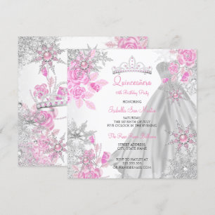 Quinceanera Pink Rose Winter Wonderland Snowflake Invitation