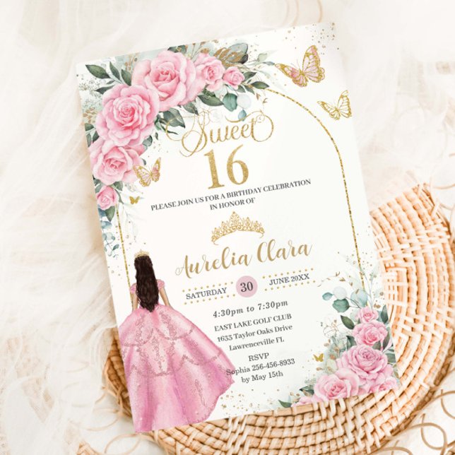 Quinceañera Pink Roses Floral Brunette Girl Gold Invitation (Creator Uploaded)
