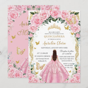Quinceañera Pink Roses Floral Girl Vintage Gold Invitation