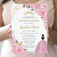 Quinceañera Pink Roses Floral Gold Princess Crown