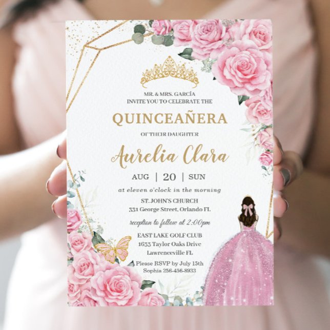 Quinceañera Pink Roses Floral Gold Princess Crown Invitation (Creator Uploaded)