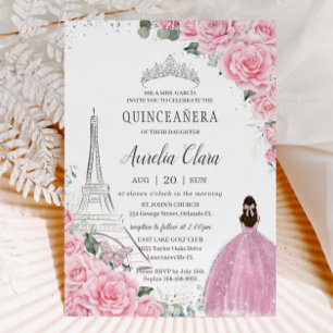 Quinceañera Pink Roses Floral Paris Eiffel Silver Invitation
