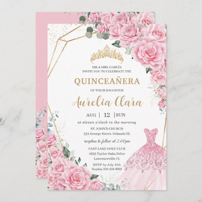 Quinceanera Pink Roses Floral Princess Dress Gown Invitation (Front/Back)