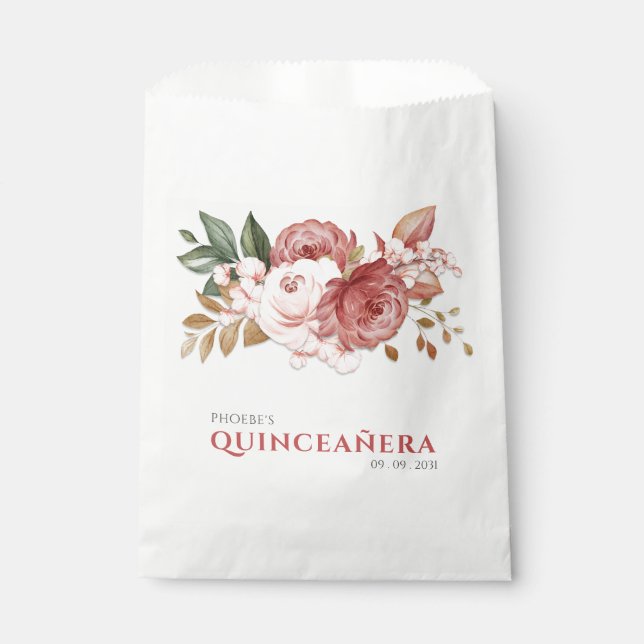 Quinceanera Pink Roses Floral Rustic Botanical Favour Bags (Front)
