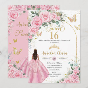 Quinceañera Pink Roses Floral Tan Brown Girl Gold Invitation