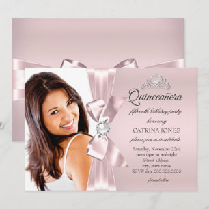Quinceanera Pink Silver Diamond Bow pearl Tiara Invitation