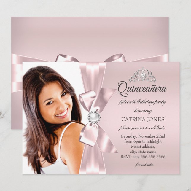 Quinceanera Pink Silver Diamond Bow pearl Tiara Invitation (Front/Back)