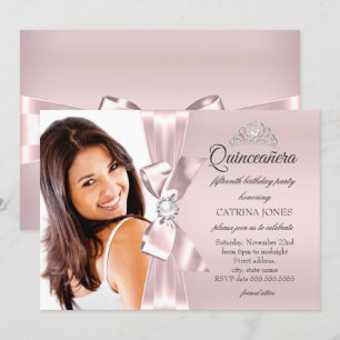 Quinceanera Pink Silver Diamond Bow pearl Tiara Invitation