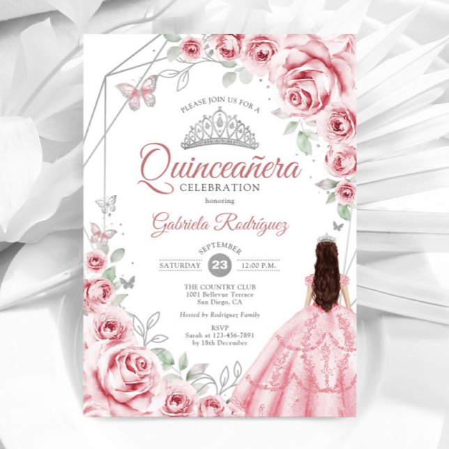 Quinceanera Pink Silver Dress Floral Invitation (Creator Uploaded)