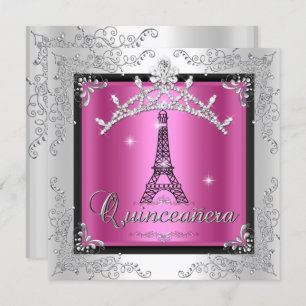 Quinceanera Pink Silver Tiara Eiffel Tower Invitation