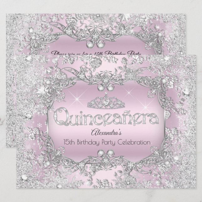 Quinceanera Pink Silver Tiara Winter Wonderland 2 Invitation (Front/Back)