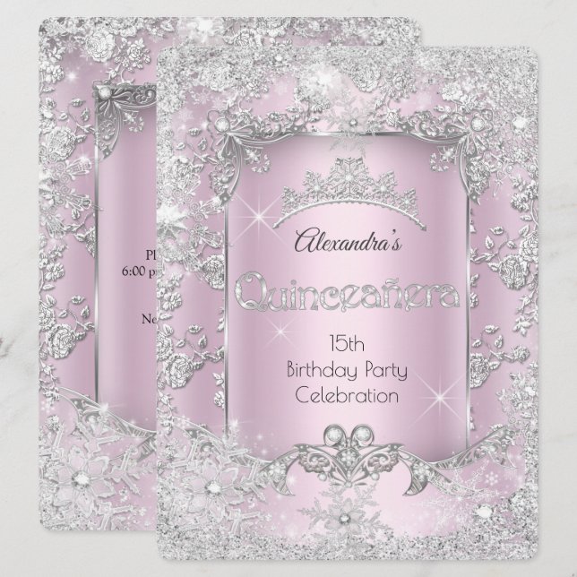 Quinceanera Pink Silver Tiara Winter Wonderland Invitation (Front/Back)