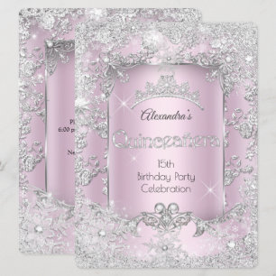 Quinceanera Pink Silver Tiara Winter Wonderland Invitation