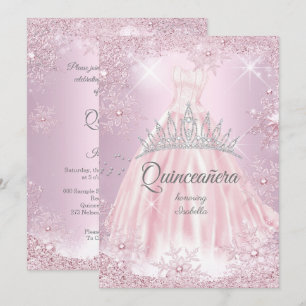 Quinceanera Pink Snowflake Winter Dress Tiara Invitation