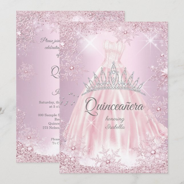 Quinceanera Pink Snowflake Winter Dress Tiara Invitation (Front/Back)