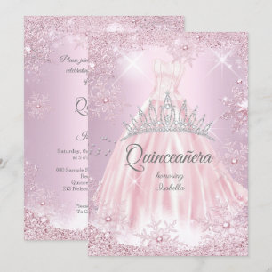 Quinceanera Pink Snowflake Winter Dress Tiara Invitation