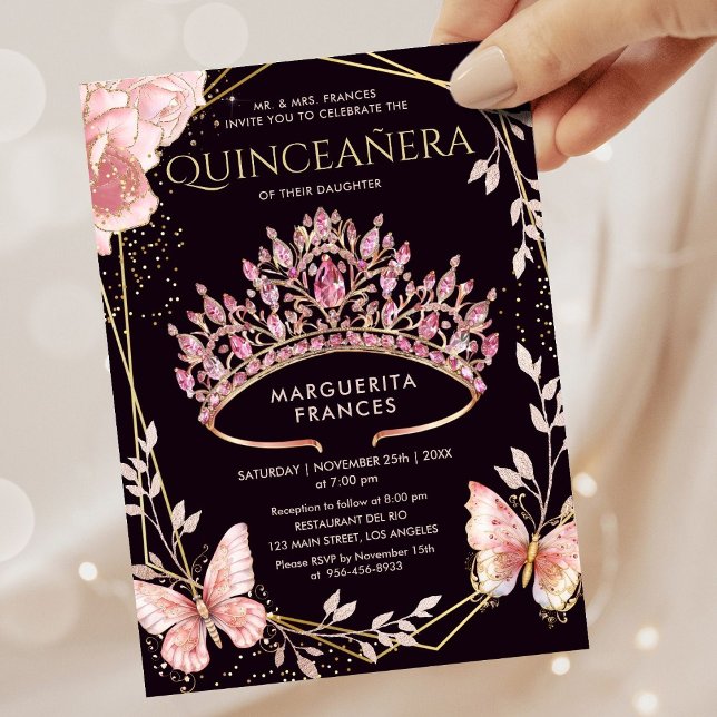 Quinceañera Pink Tiara Floral Butterfly Elegant Invitation (Creator Uploaded)