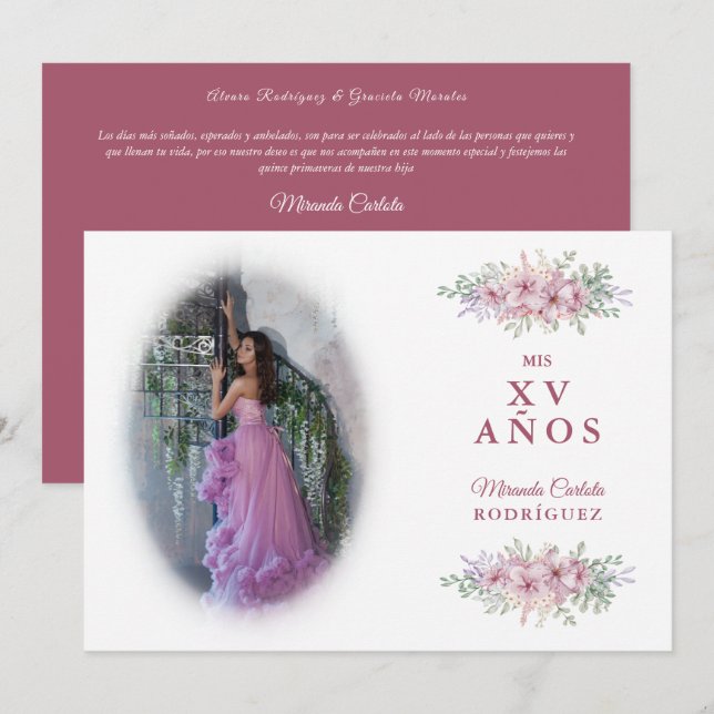  Quinceañera Pink Trendy Bouquet Photo Spanish Invitation (Front/Back)
