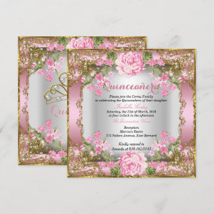 Quinceanera Pink Vintage Country Floral Gold 2 Invitation