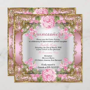 Quinceanera Pink Vintage Country Floral Gold 2 Invitation