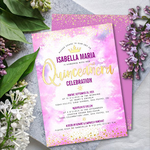 Quinceañera Pink Watercolor Crown Girly Real Gold