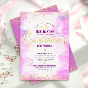 Quinceañera Pink Watercolor Girly Crown Real Gold