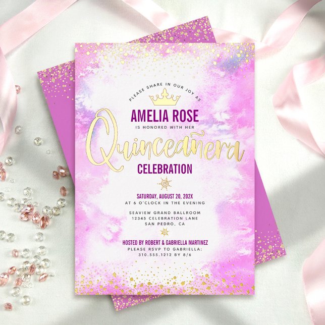 Quinceañera Pink Watercolor Girly Crown Real Gold (Creator Uploaded)