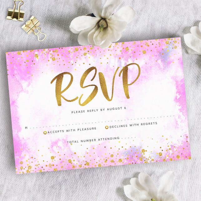Quinceañera Pink Watercolor Gold Foil Elegant Chic RSVP Card (Creator Uploaded)