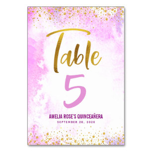 Quinceañera Pink Watercolor Gold Script Glitter Table Number