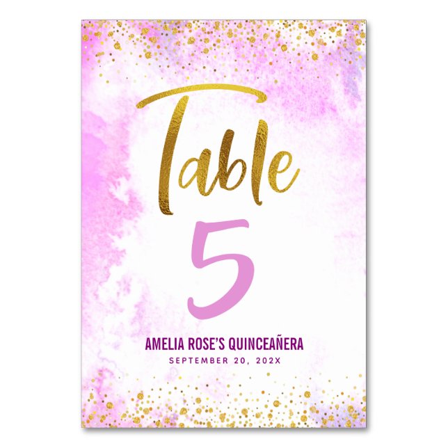 Quinceañera Pink Watercolor Gold Script Glitter Table Number (Front)