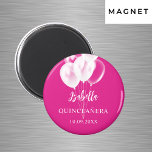 Quinceanera pink white balloons party magnet<br><div class="desc">For a Quinceañera,  15th birthday party.  A trendy pink background decorated with white balloons.   The name is written with a modern hand lettered style script.  Personalise and add a name and date.</div>