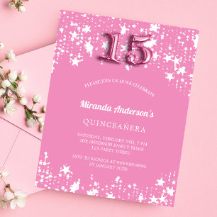 Quinceanera pink white stars budget invitation flyer